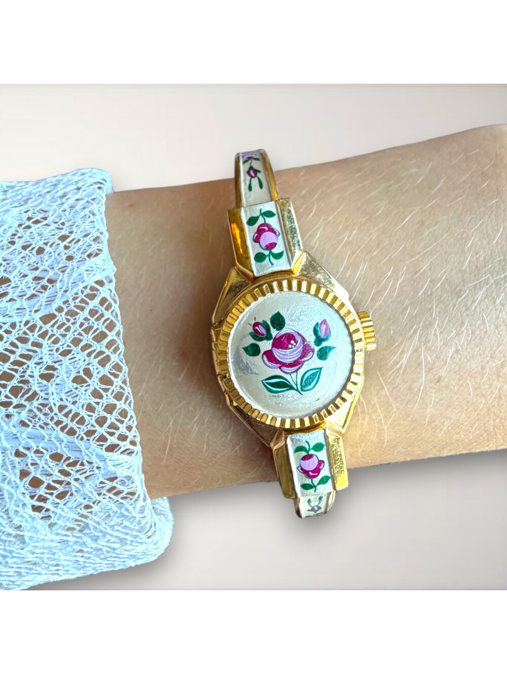 Vintage Swiss Made Pink and Gold Floral Peekaboo Watch